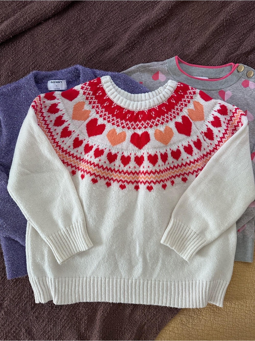 Lot of 3 sweater Purple sparkle, Cream Sweater with Heart Yoke, Gray w/ hearts